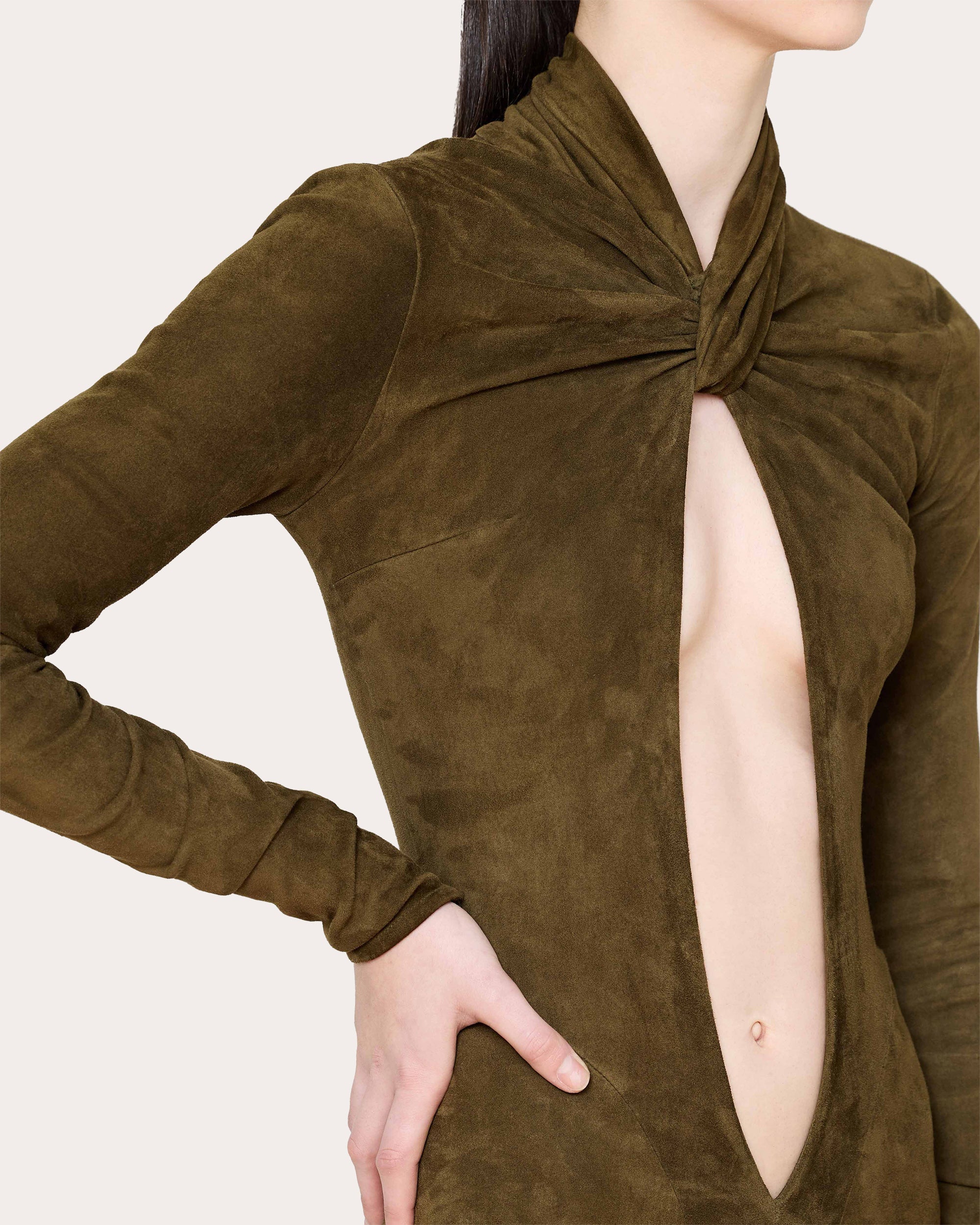Twist-Front Faux Suede Cutout Jumpsuit