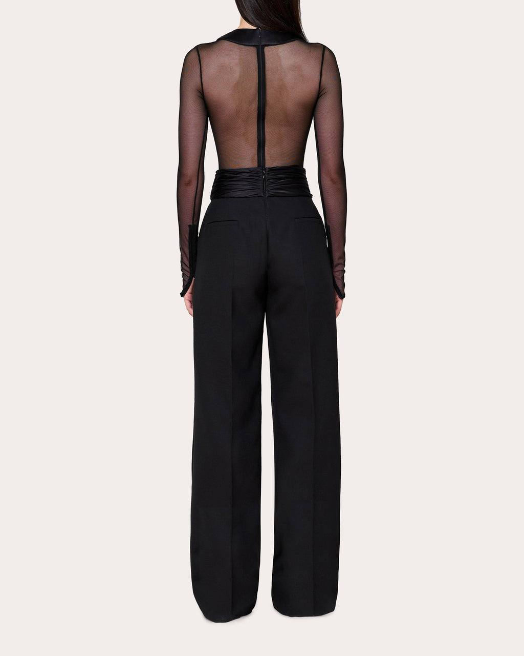 Satin-Trim Mesh Bodysuit
