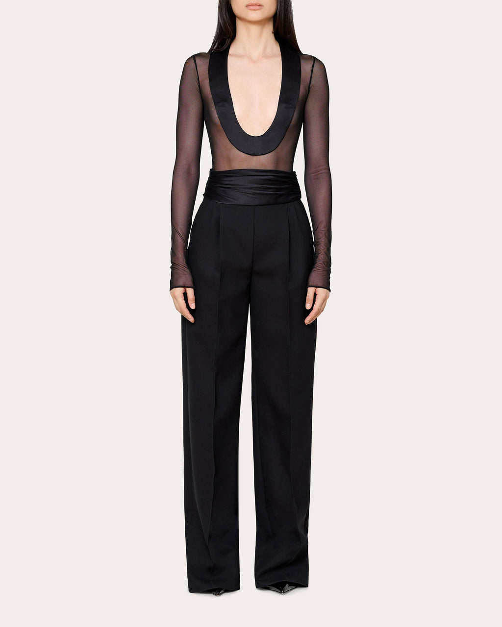 Satin-Trim Mesh Bodysuit
