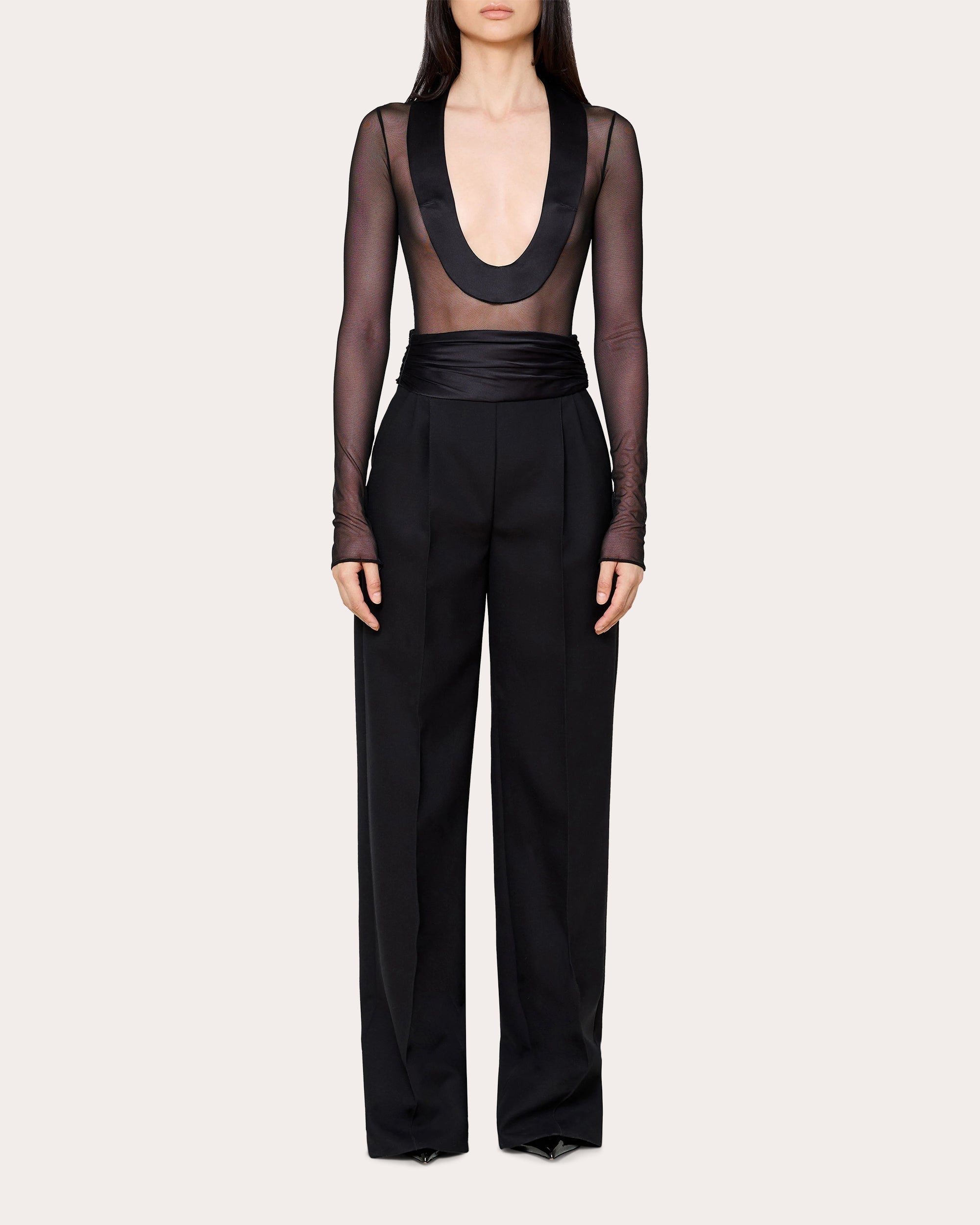 Satin-Trim Mesh Bodysuit
