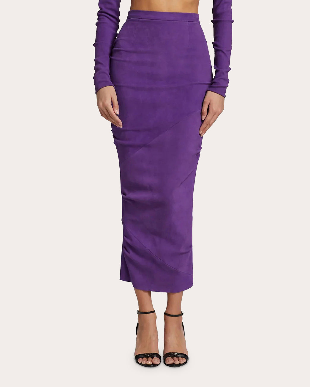 Ruched Suede Midi Skirt