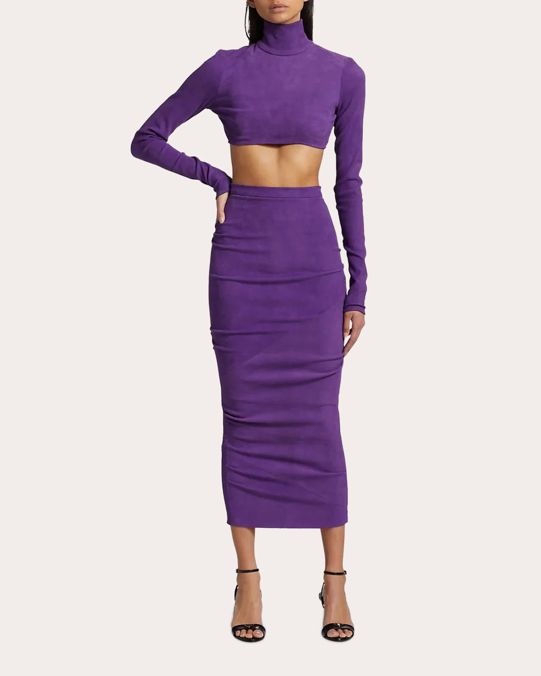 Ruched Suede Midi Skirt