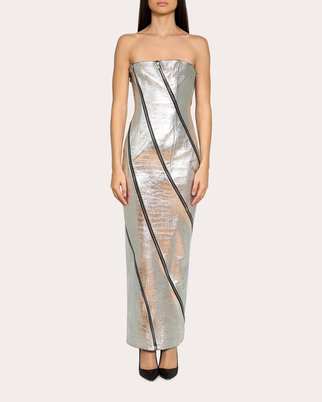 Embellished Croc-Embossed Leather Gown