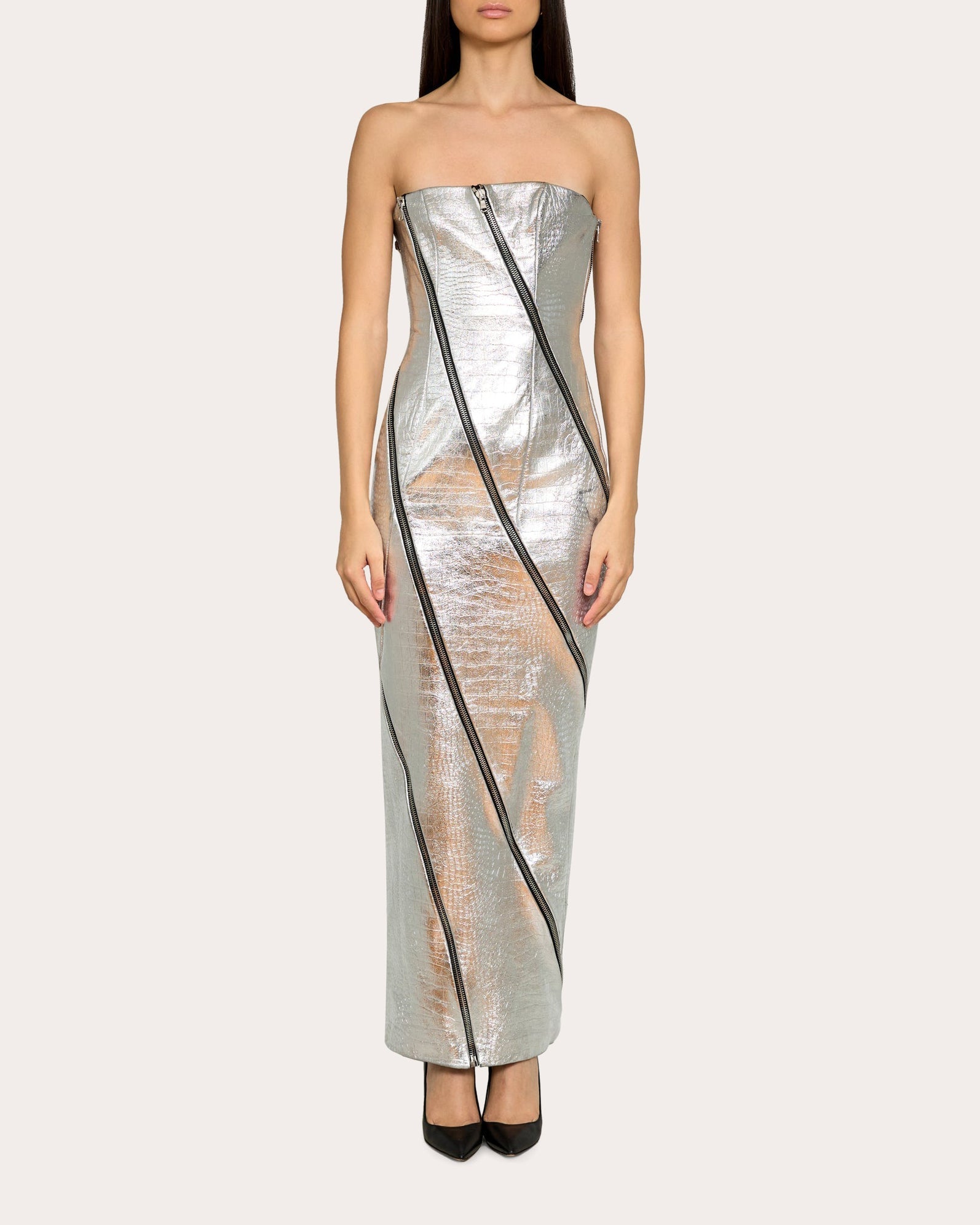 Embellished Croc-Embossed Leather Gown