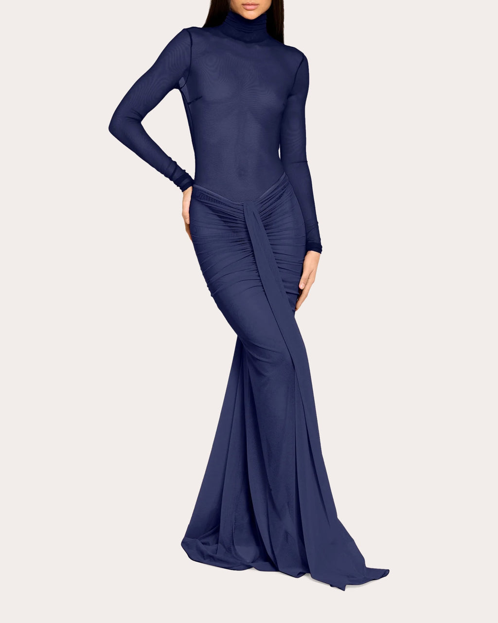 Ruched Draped Mesh Maxi Skirt