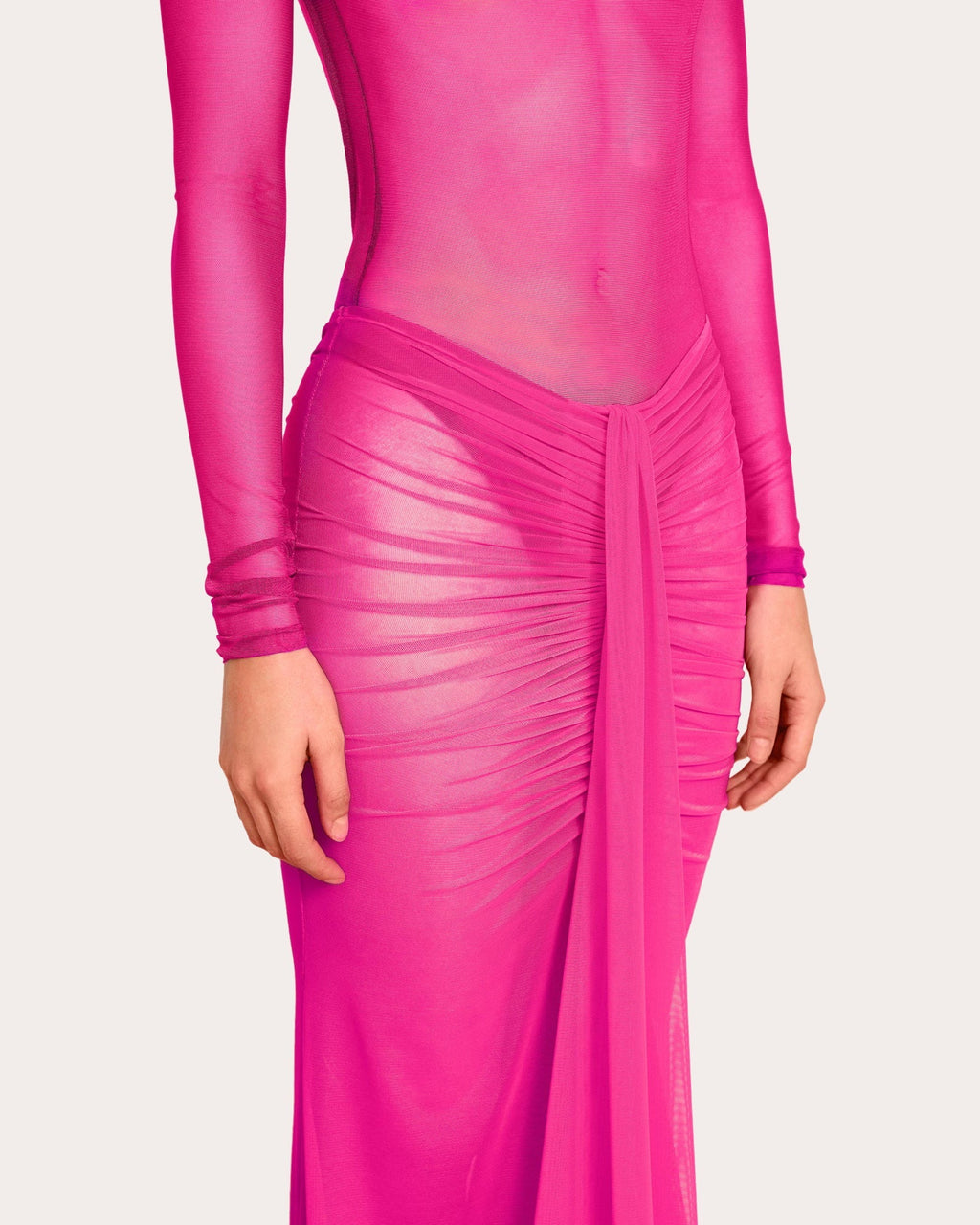 Ruched Draped Mesh Maxi Skirt
