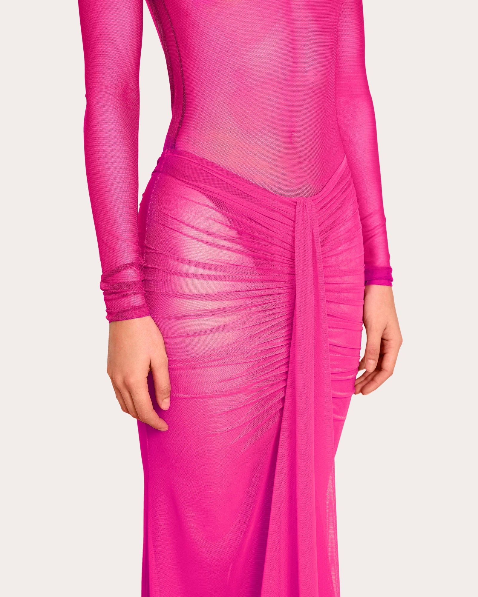 Ruched Draped Mesh Maxi Skirt