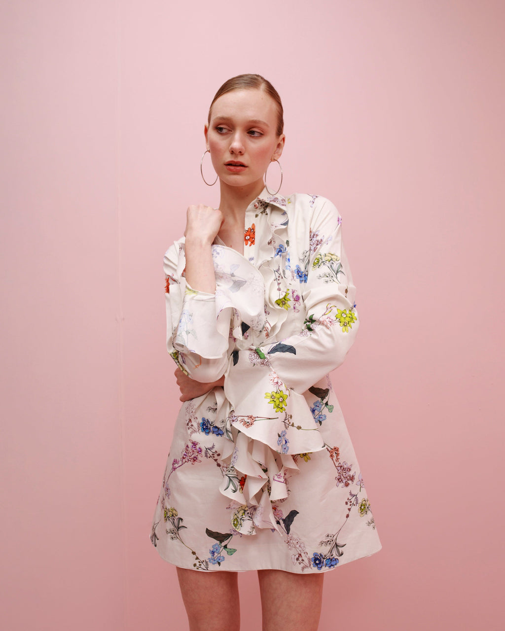 Cate Ruffled Floral-Print Cotton Mini Shirt Dress