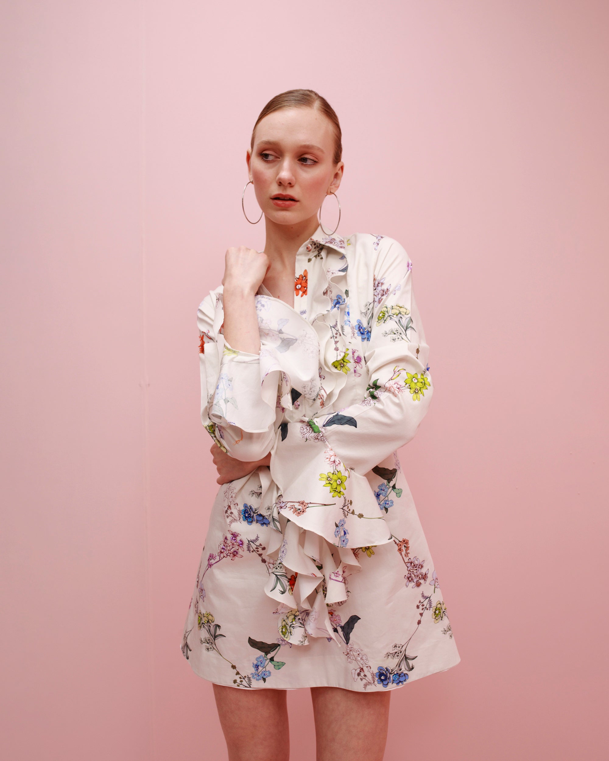 Cate Ruffled Floral-Print Cotton Mini Shirt Dress