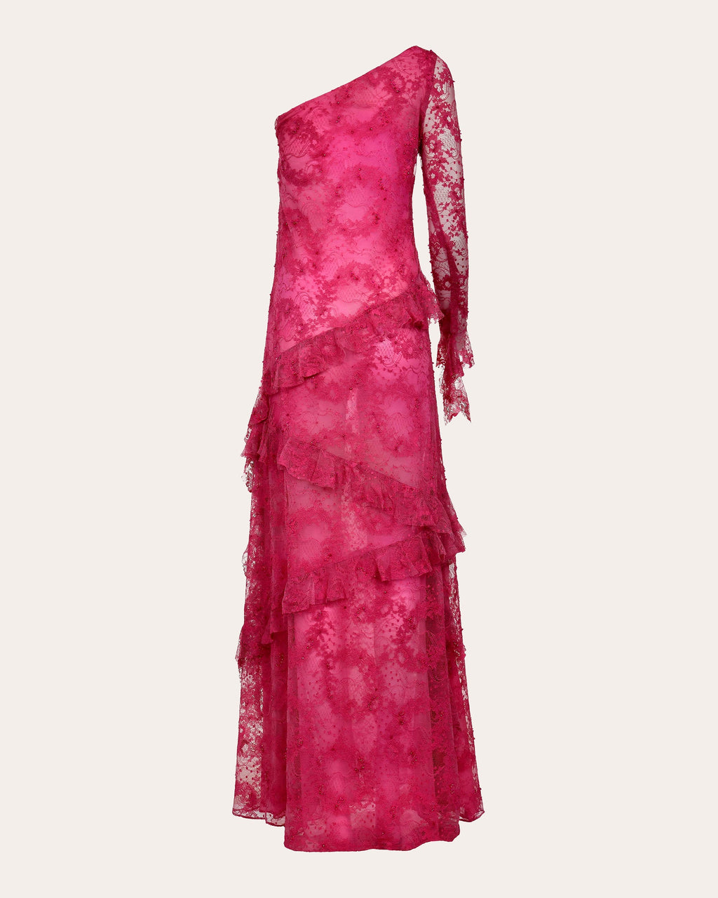 Cascade Embellished Ruffle-Trimmed Lace Gown