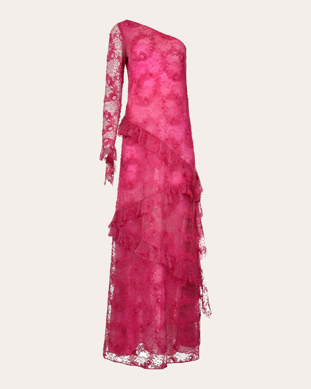Cascade Embellished Ruffle-Trimmed Lace Gown