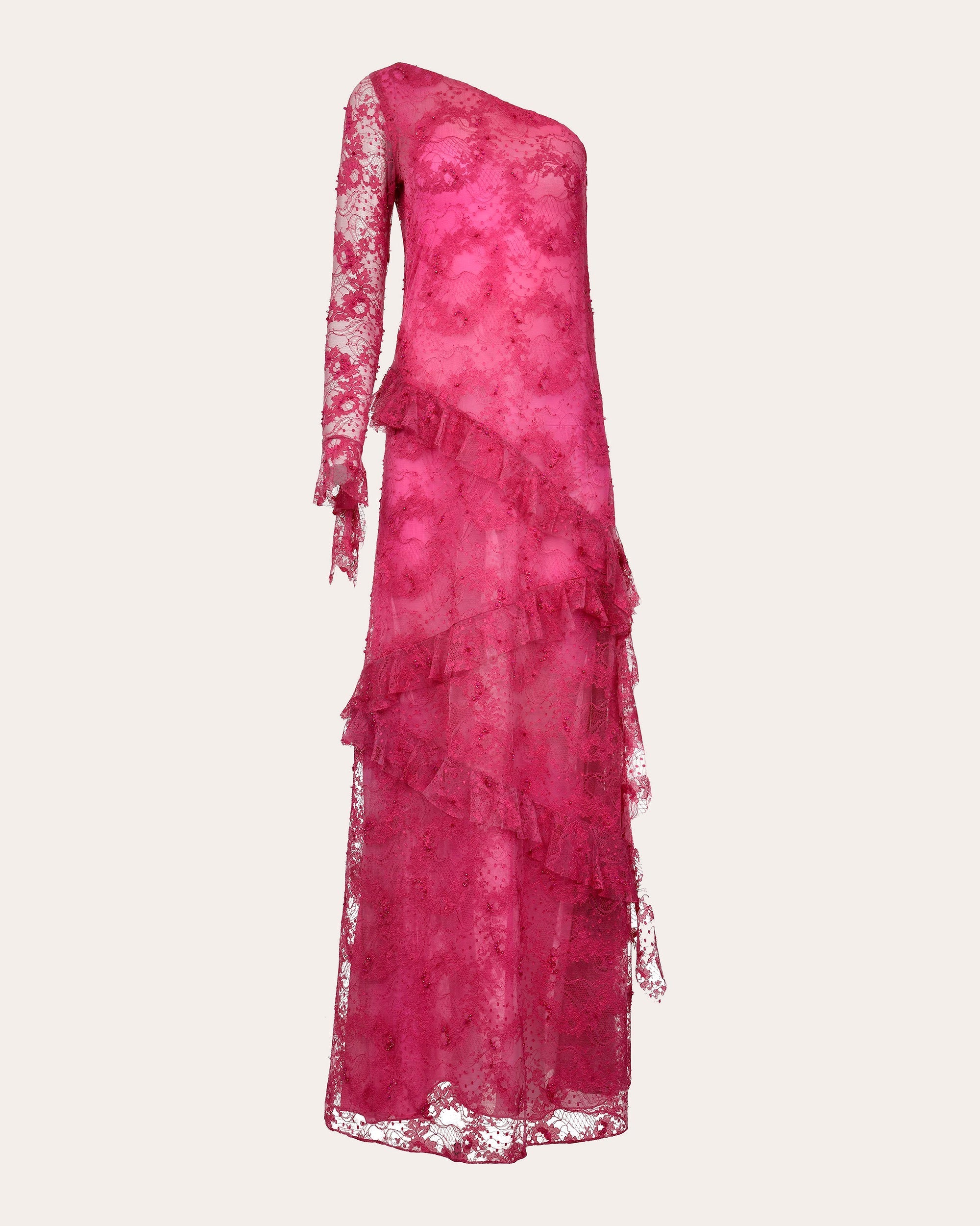 Cascade Embellished Ruffle-Trimmed Lace Gown