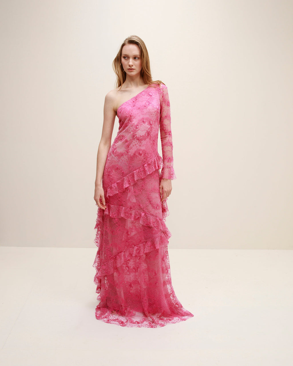 Cascade Embellished Ruffle-Trimmed Lace Gown