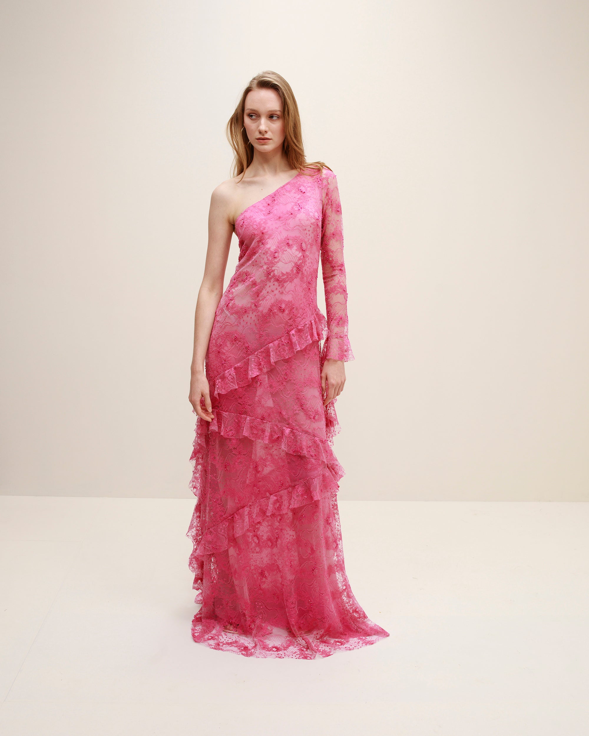 Cascade Embellished Ruffle-Trimmed Lace Gown