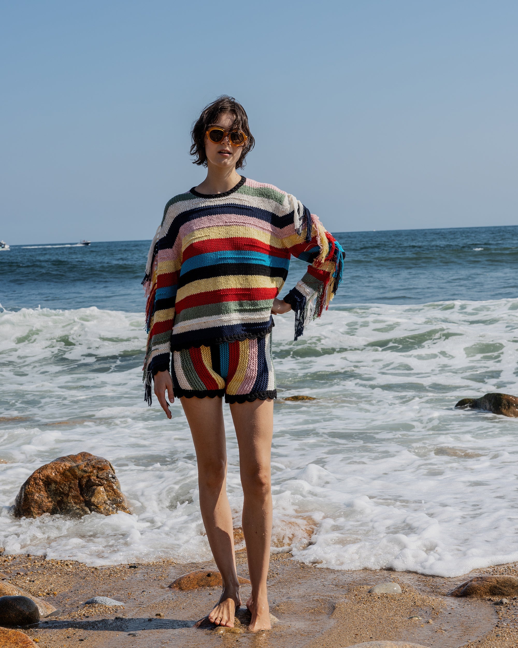 Marathi Striped Fringed Cotton Knit Sweater