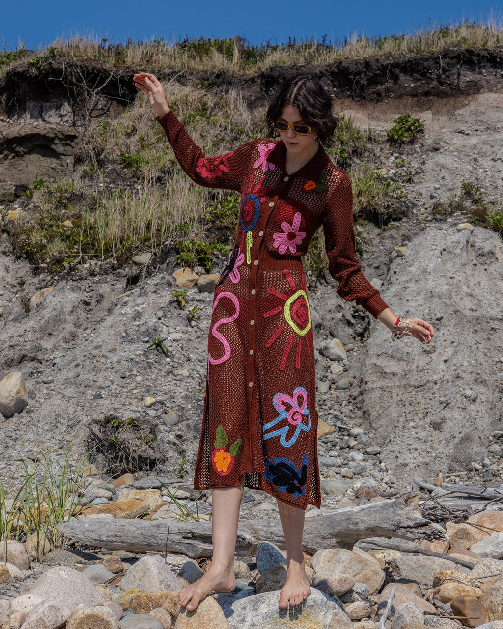 Onar Appliquéd Mesh-Knit Cotton-Blend Shirt Dress