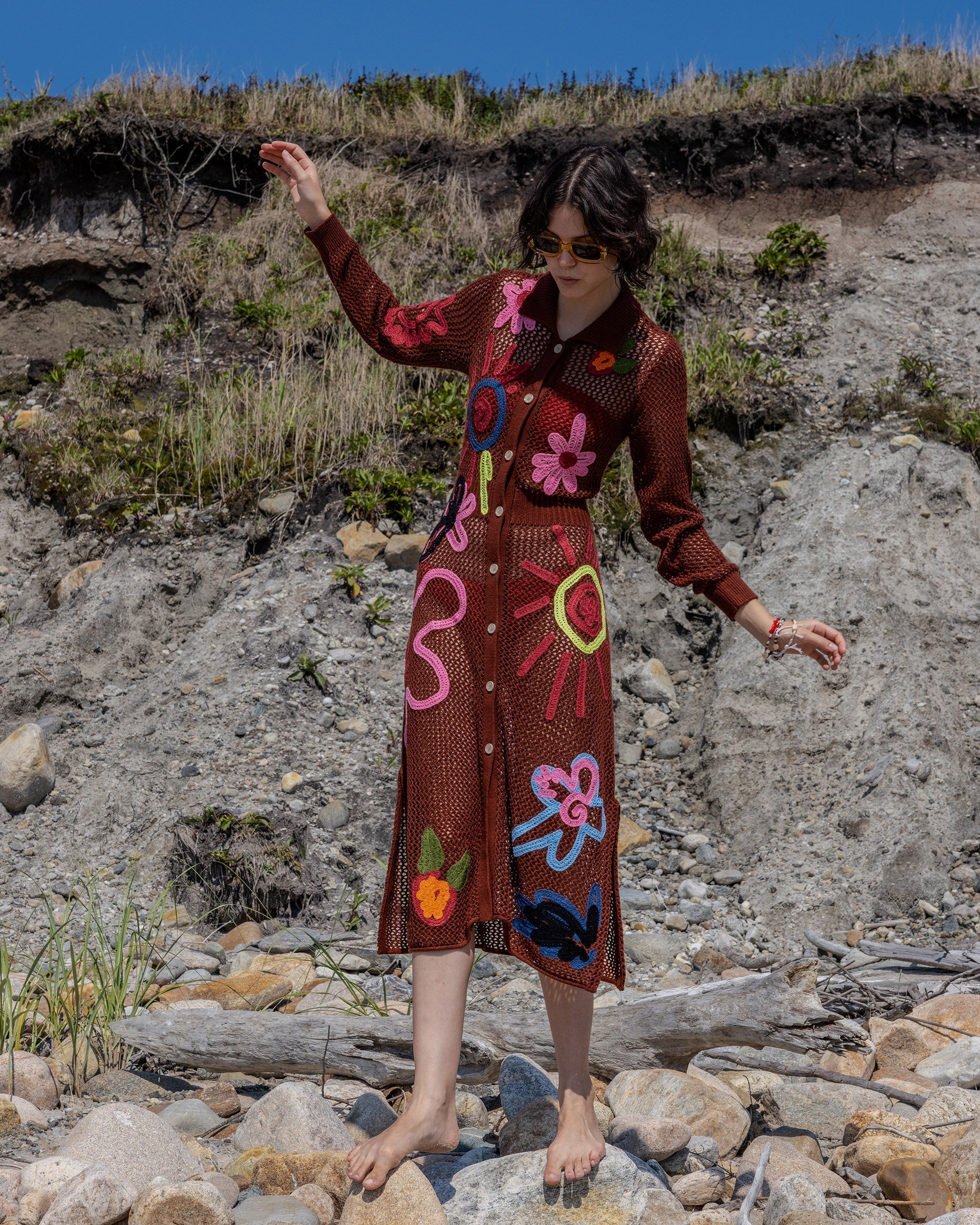 Onar Appliquéd Mesh-Knit Cotton-Blend Shirt Dress