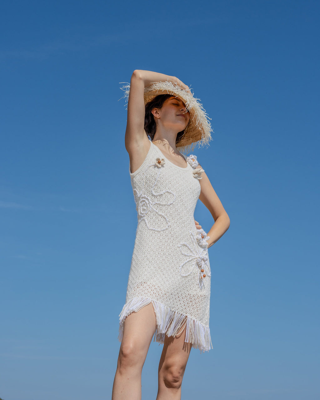 Karla Fringed Appliquéd Crochet-Knit Mini Dress