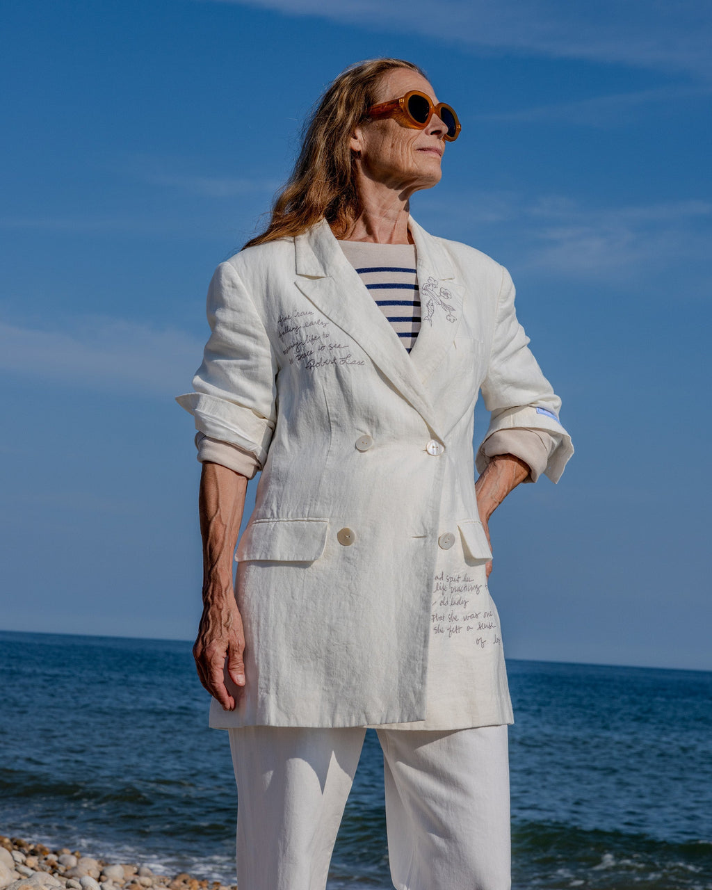 Chora Embroidered Double-Breasted Linen-Blend Blazer