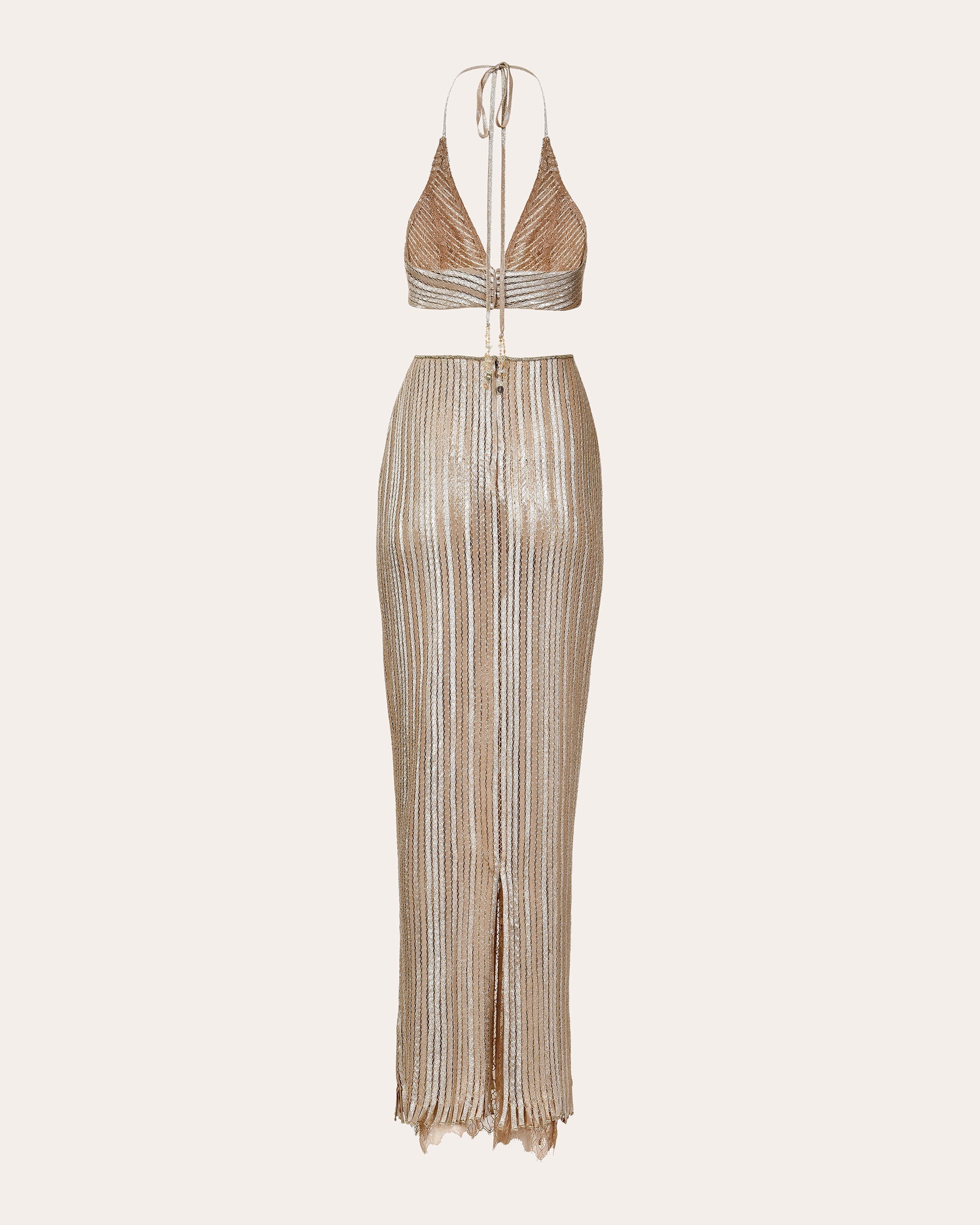 Luce Metallic Pata de Cabra Cutout Halterneck Gown
