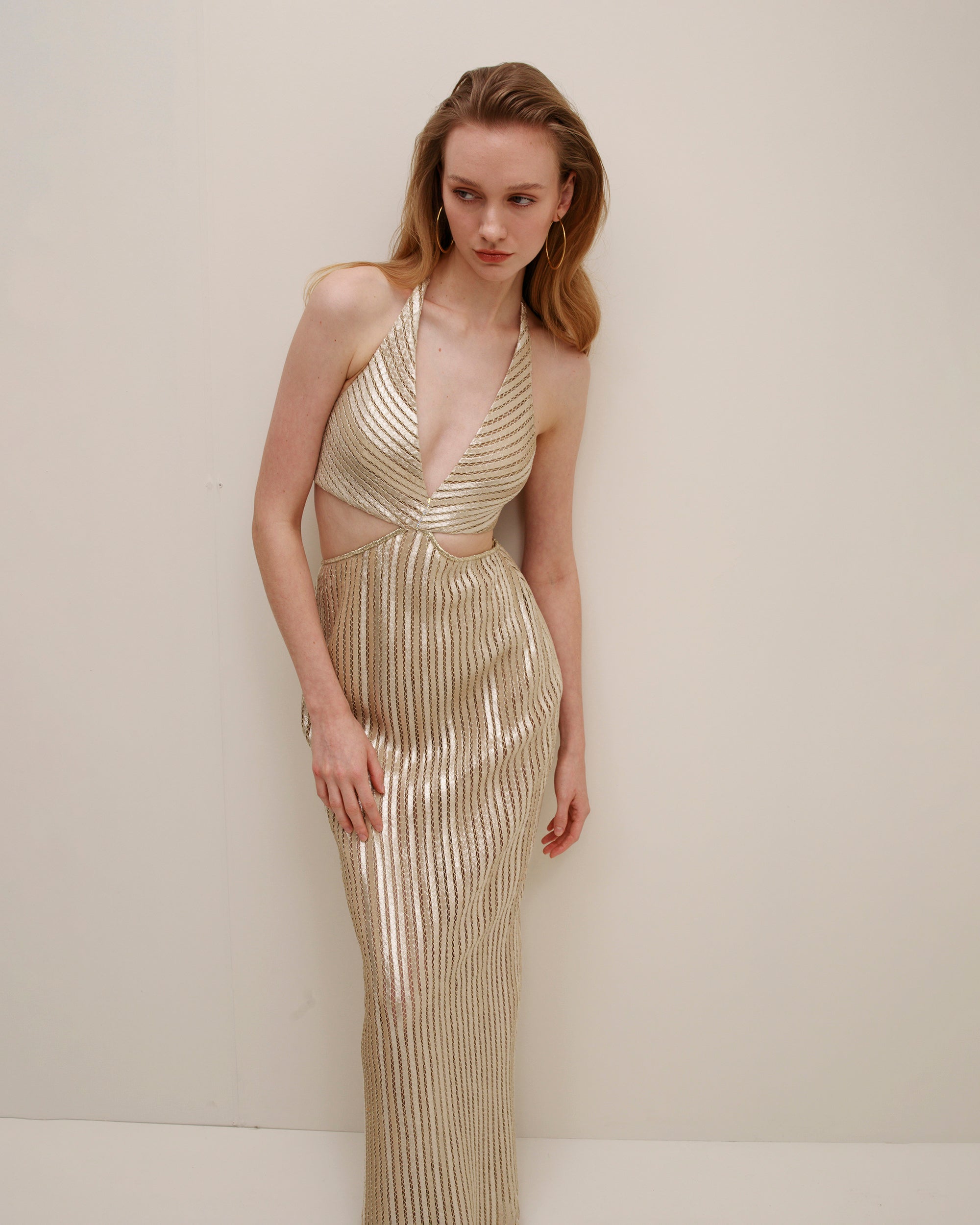 Luce Metallic Pata de Cabra Cutout Halterneck Gown