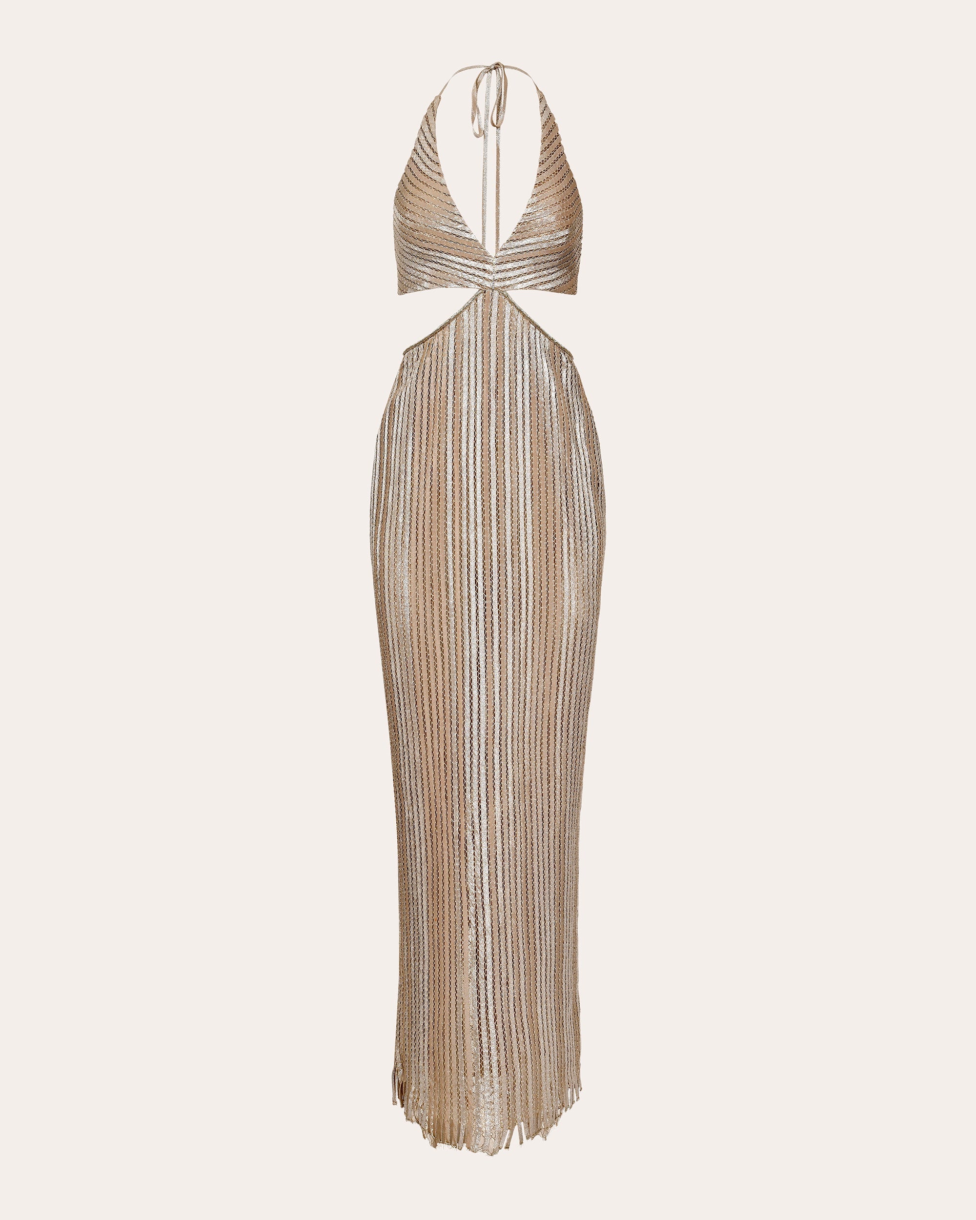 Luce Metallic Pata de Cabra Cutout Halterneck Gown