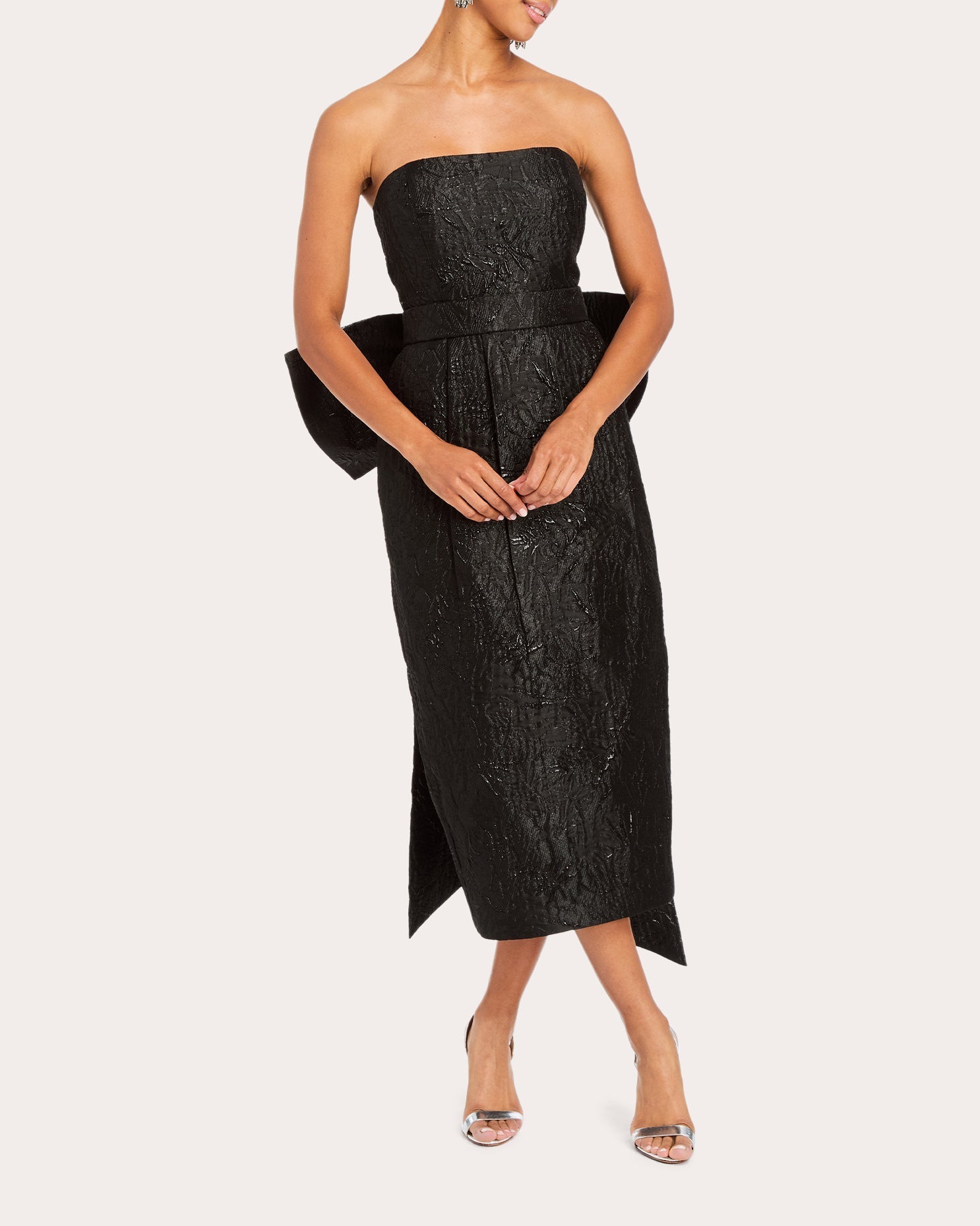 Lorena Bow-Detail Metallic Jacquard Strapless Midi Dress