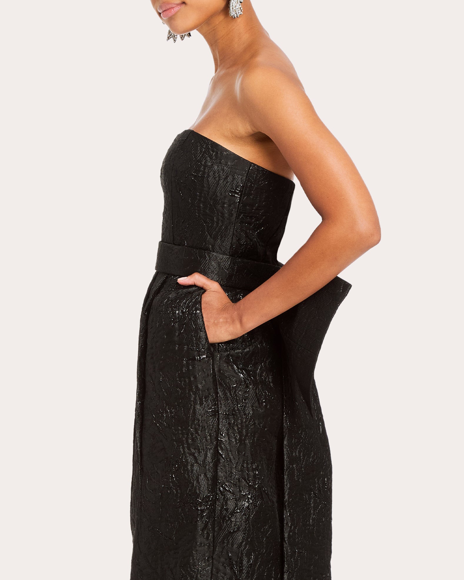 Lorena Bow-Detail Metallic Jacquard Strapless Midi Dress