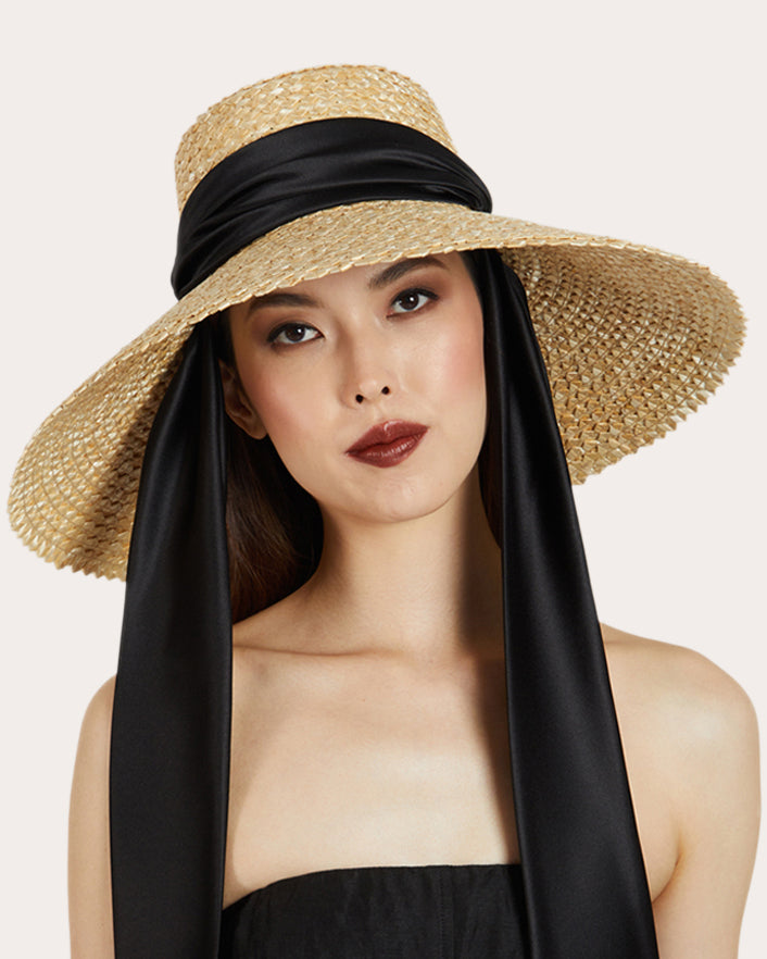 Mirabel Satin Scarf-Trimmed Woven Straw Sun Hat
