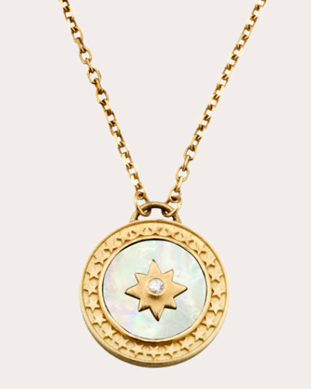 Celestial 14K Gold Mother of Pearl and Diamond Star Pendant Necklace