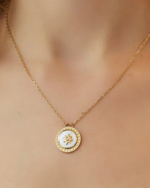 Celestial 14K Gold Mother of Pearl and Diamond Star Pendant Necklace