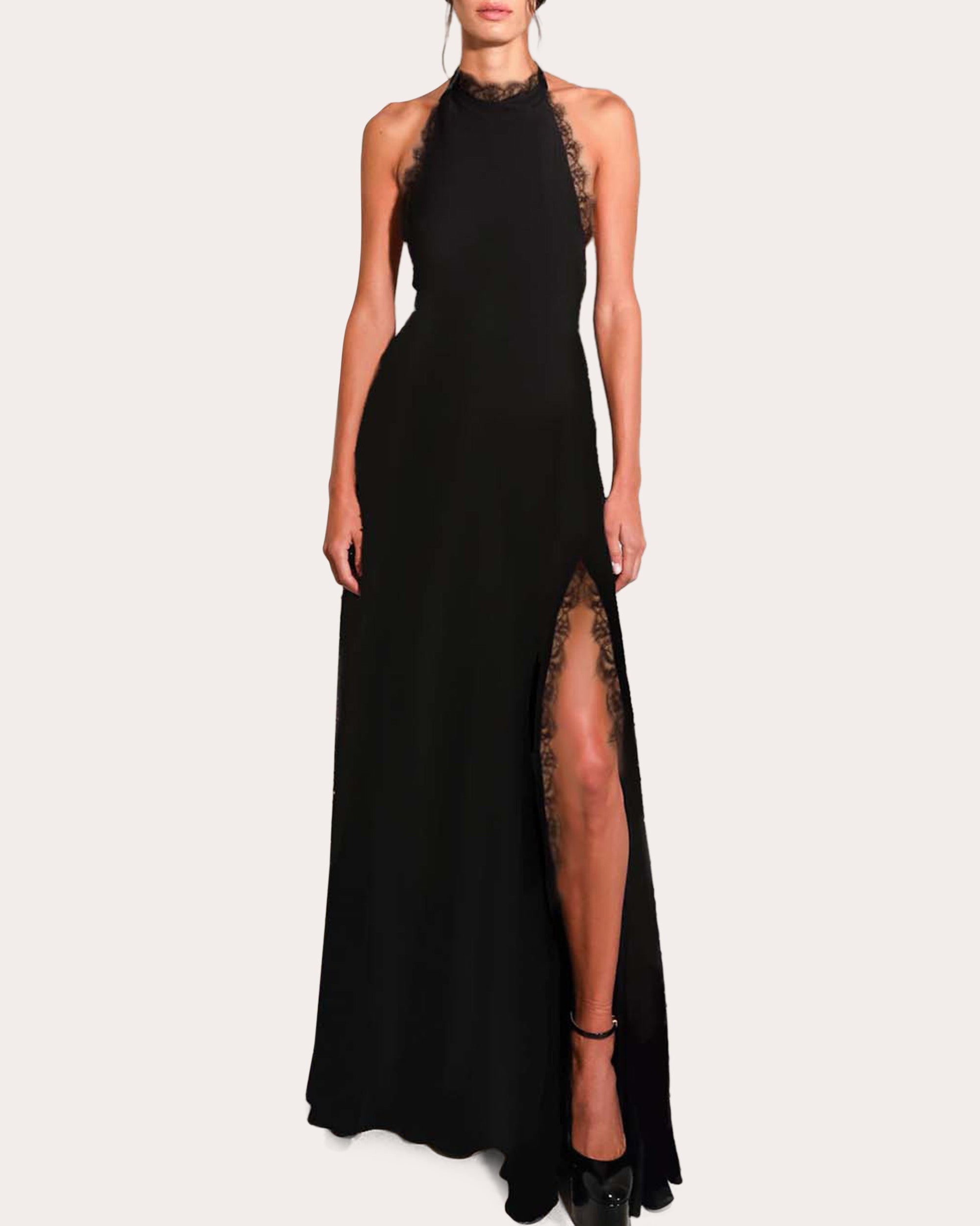 Maitreyi Lace-Trimmed Silk-Charmeuse Halterneck Gown