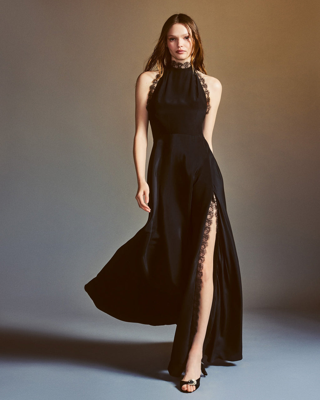 Maitreyi Lace-Trimmed Silk-Charmeuse Halterneck Gown
