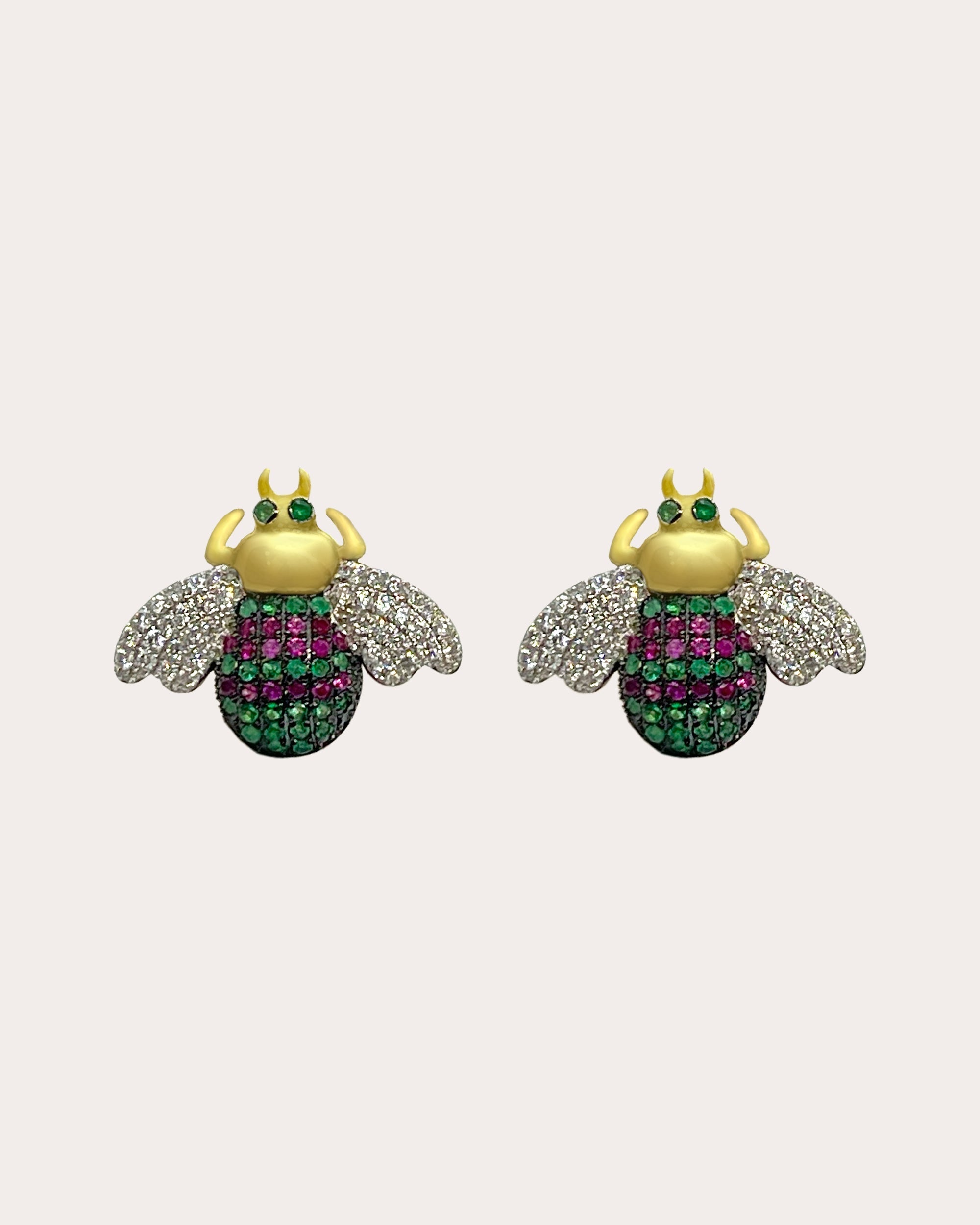 Mini Apis 18K Gold Emerald Ruby and Diamond Stud Earrings