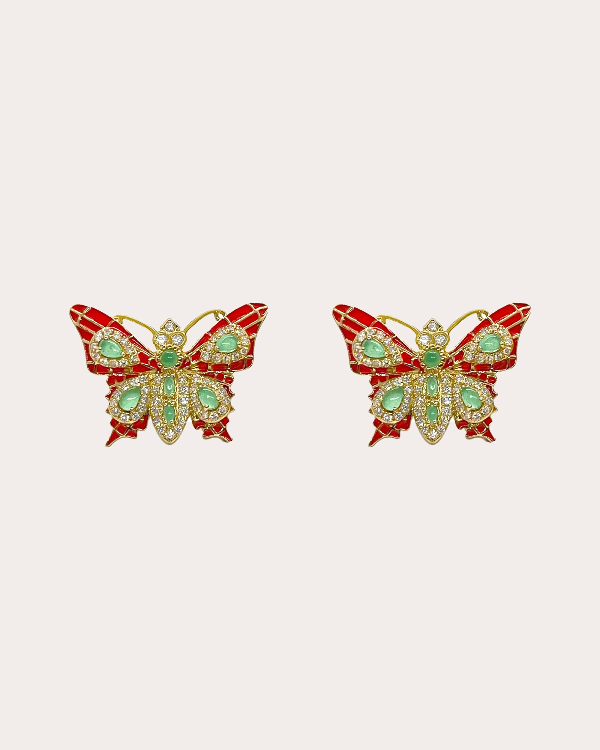 Mini Butterfly Iris 18K Gold Enamel Jade and Diamond Stud Earrings