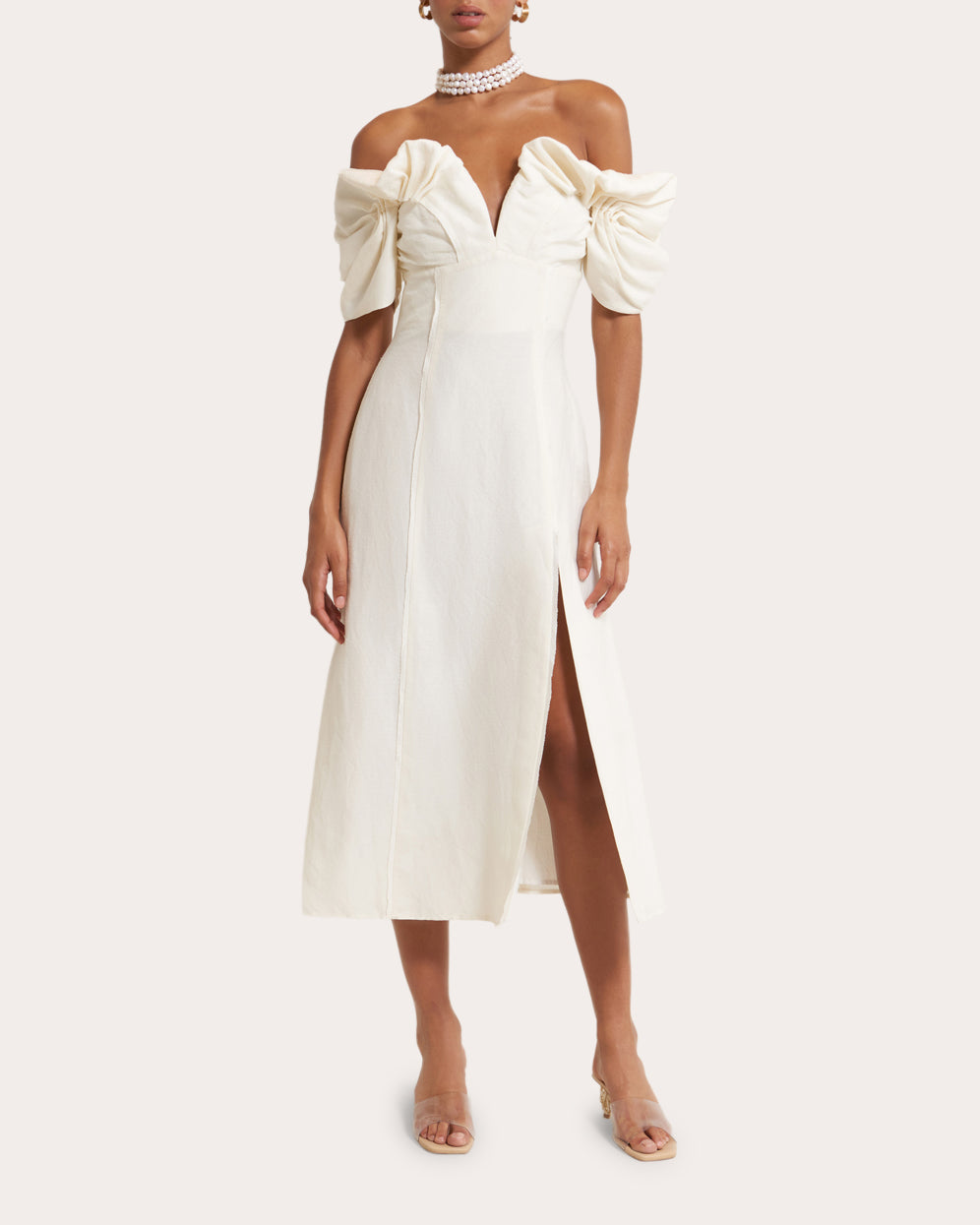 Muna Gathered Linen-Blend Midi Dress