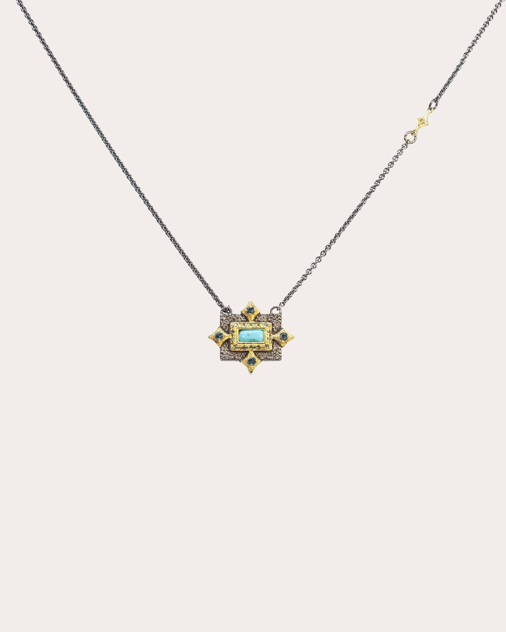 18K Gold Blackened Sterling Silver Turquoise Topaz and Diamond Pendant Necklace