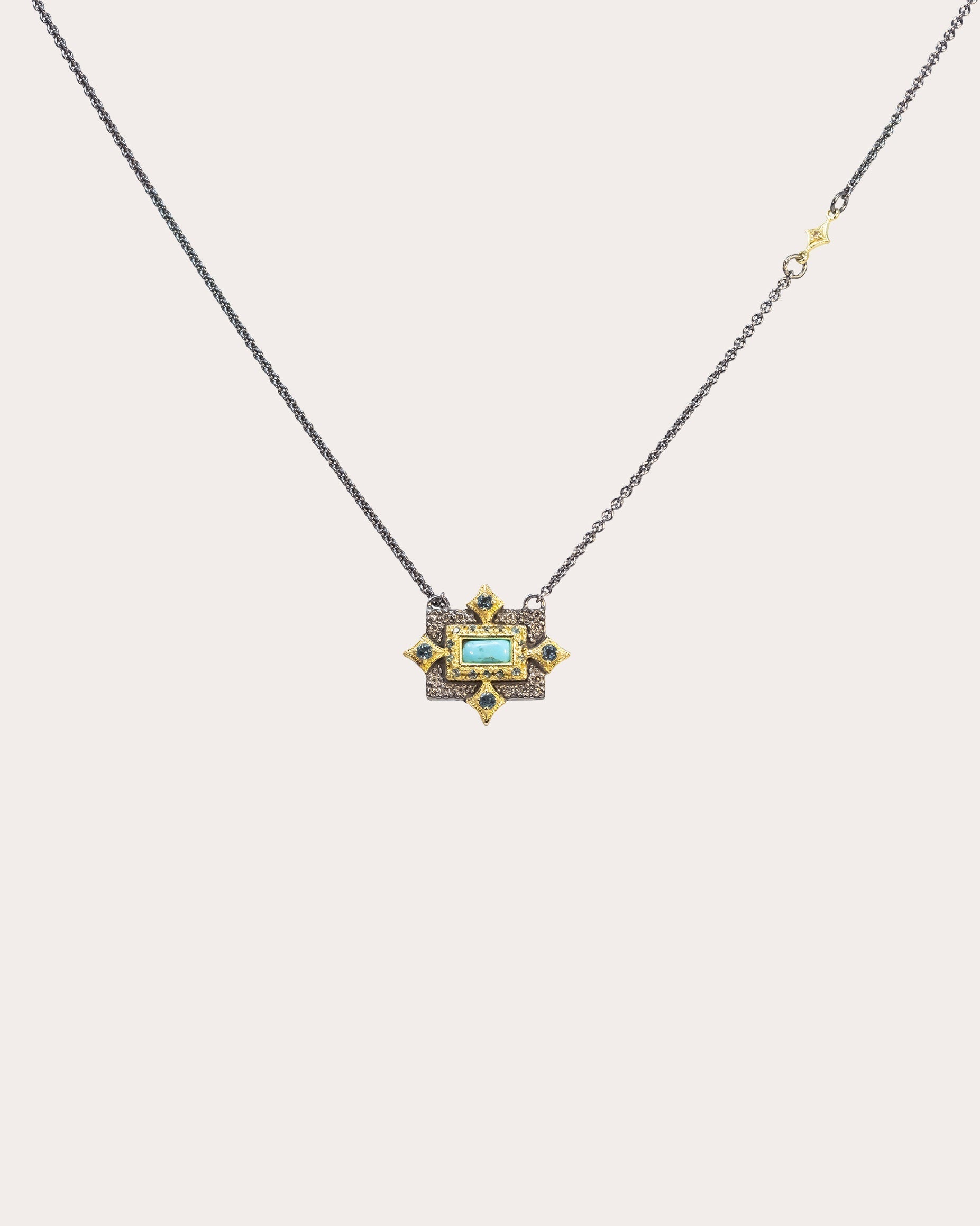 18K Gold Blackened Sterling Silver Turquoise Topaz and Diamond Pendant Necklace