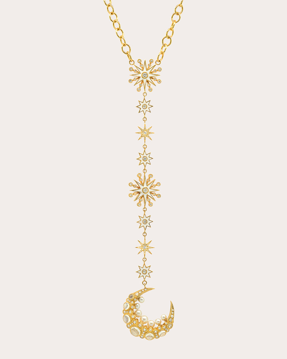 Moon Cage 18K Gold Enamel Moonstone Diamond and Pearl Pendant Necklace