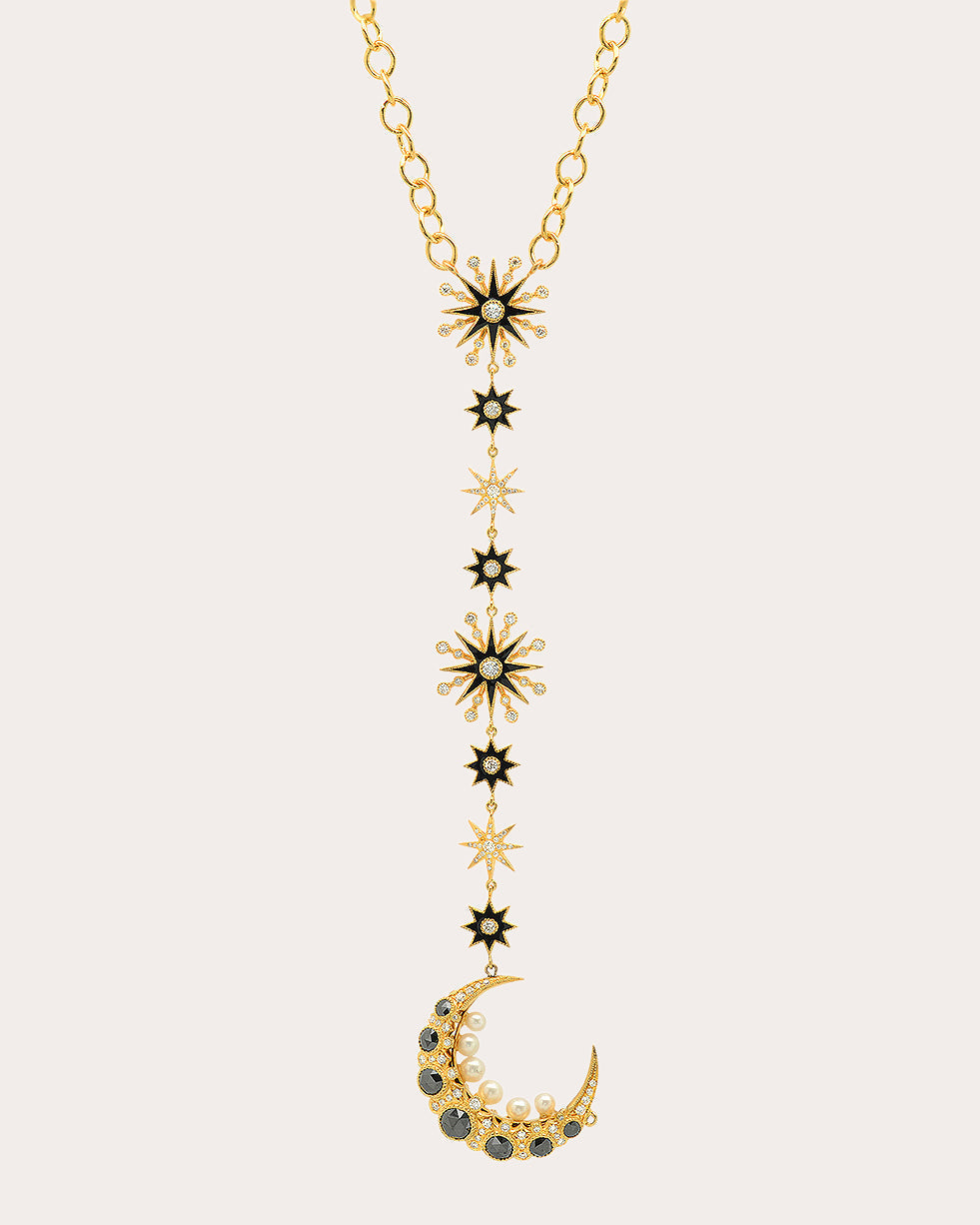 Moon Cage 18K Gold Enamel Black Moonstone Diamond and Pearl Pendant Necklace