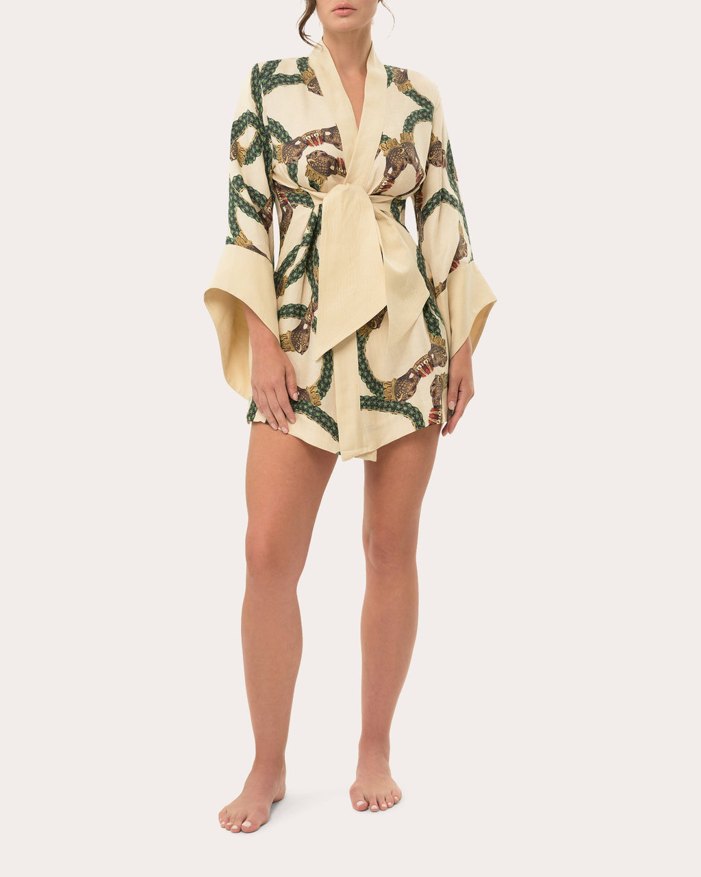 Amara Printed Linen Blend Mini Kimono Robe