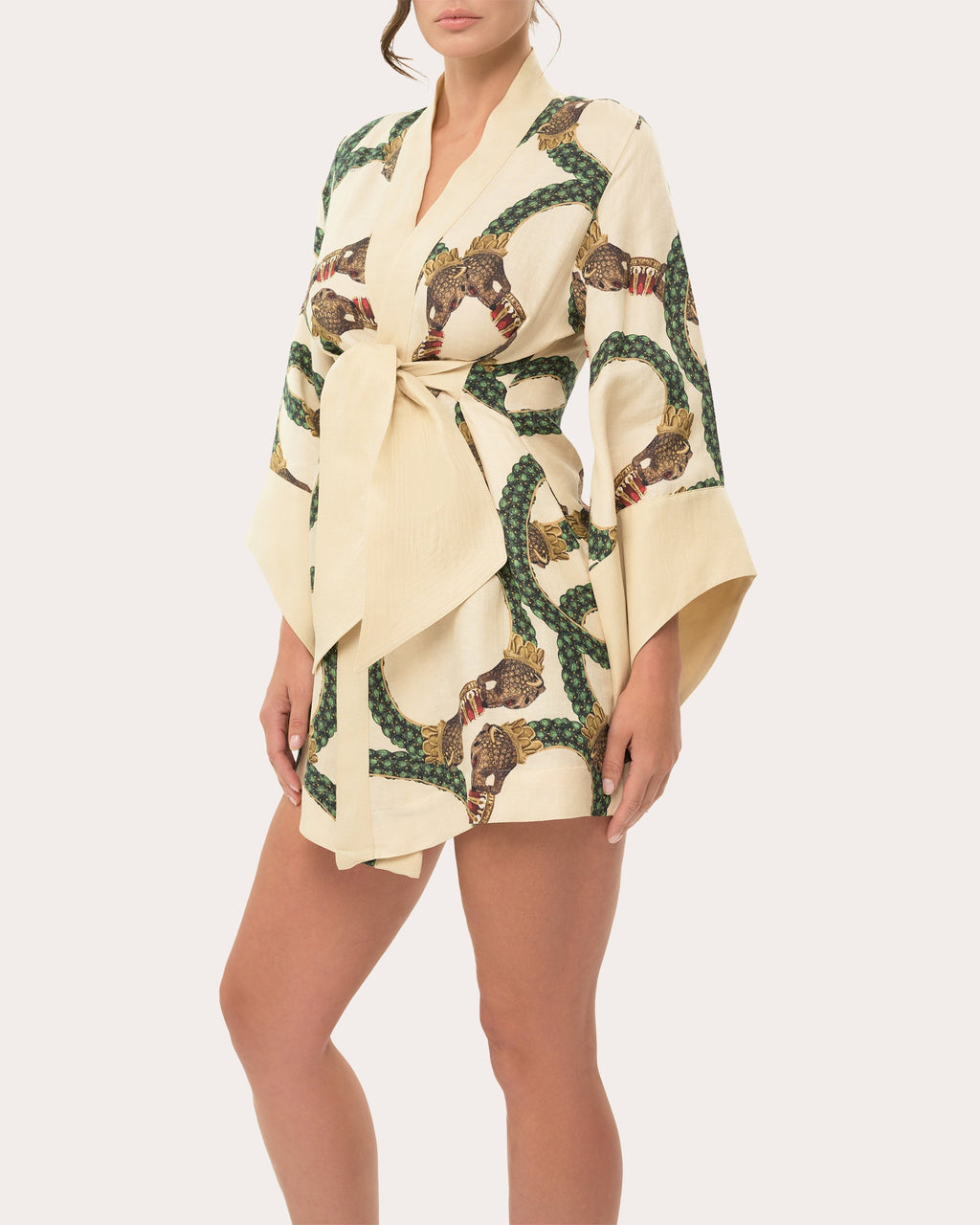 Amara Printed Linen Blend Mini Kimono Robe
