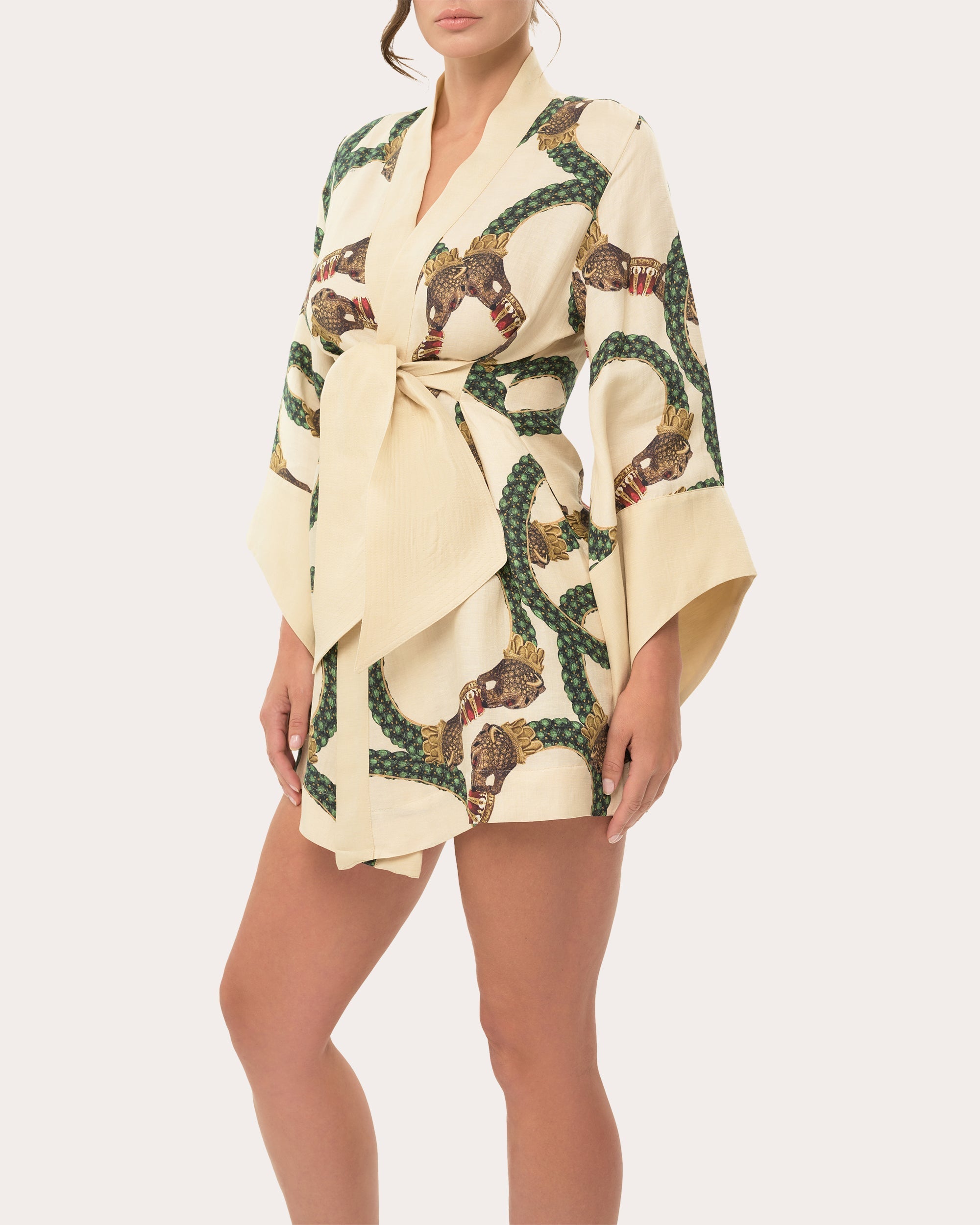 Amara Printed Linen Blend Mini Kimono Robe