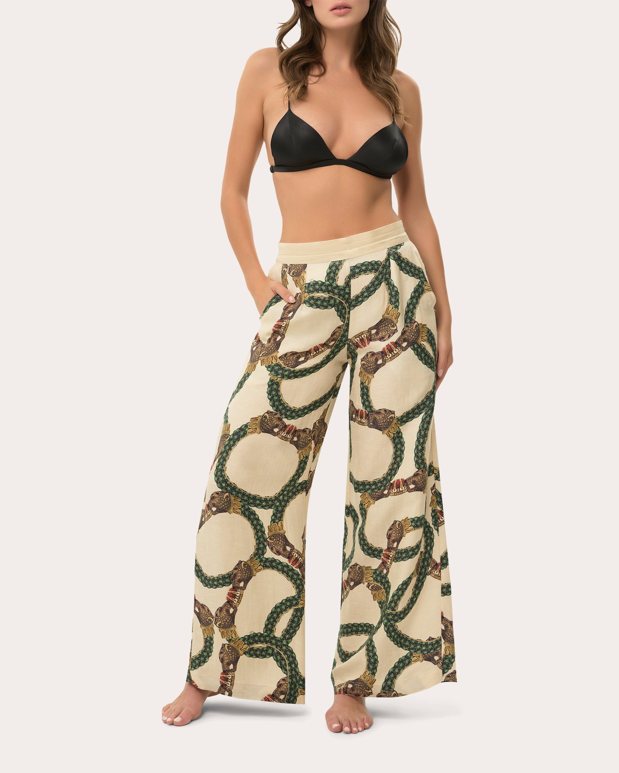 Printed Linen Blend Wide Leg Pants