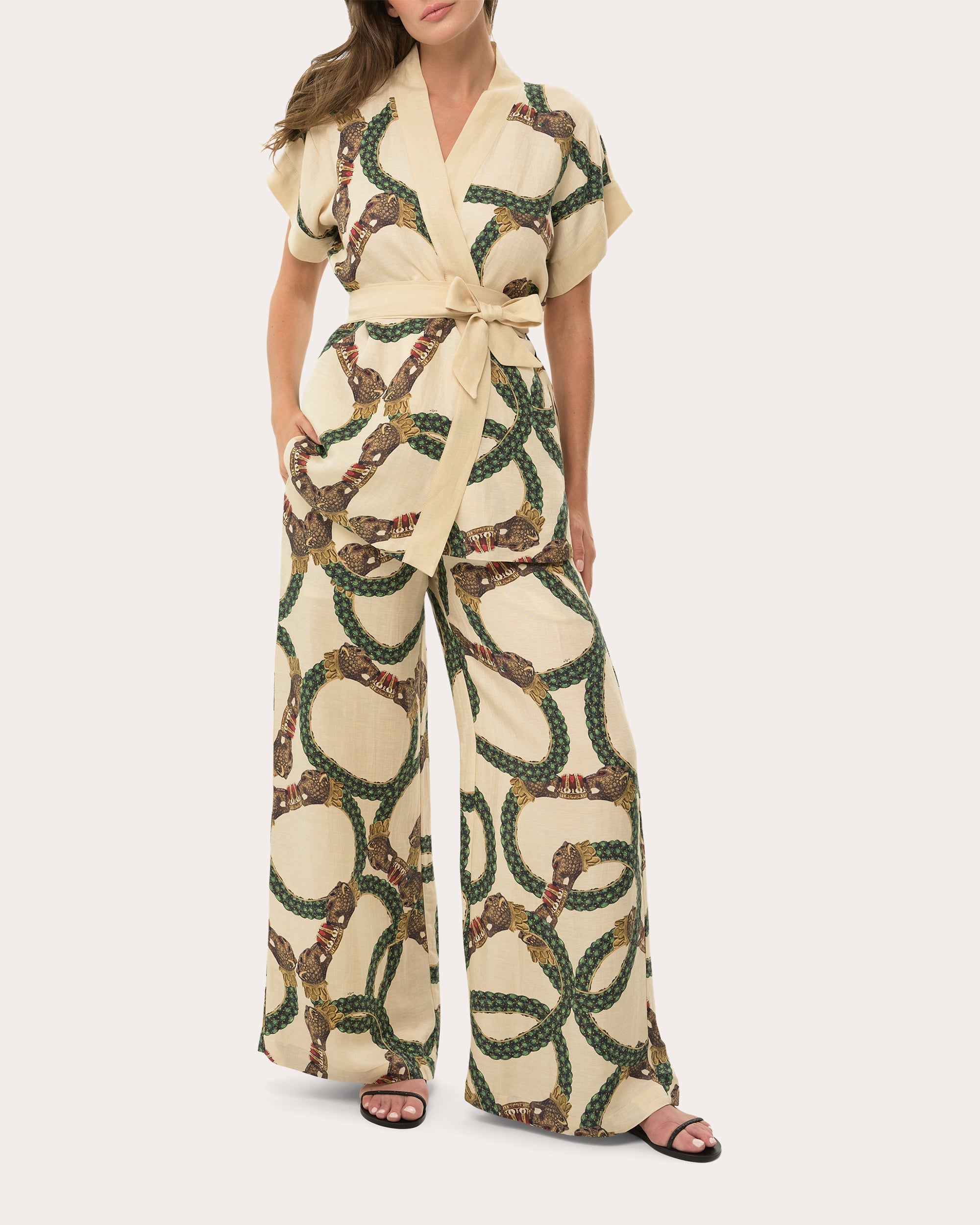 Belted Printed Linen Blend Wrap Top