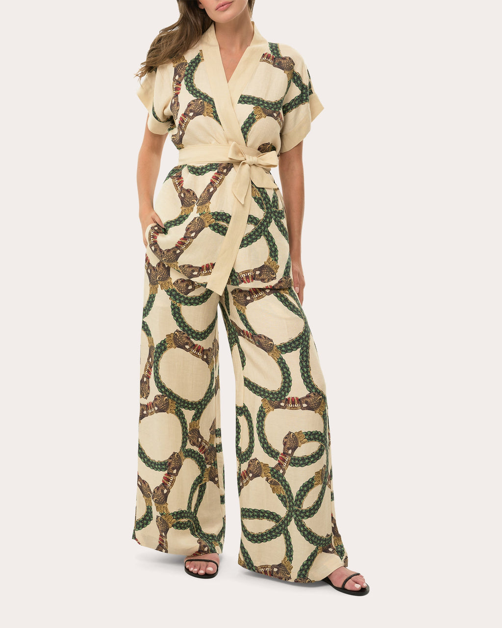 Printed Linen Blend Wide Leg Pants