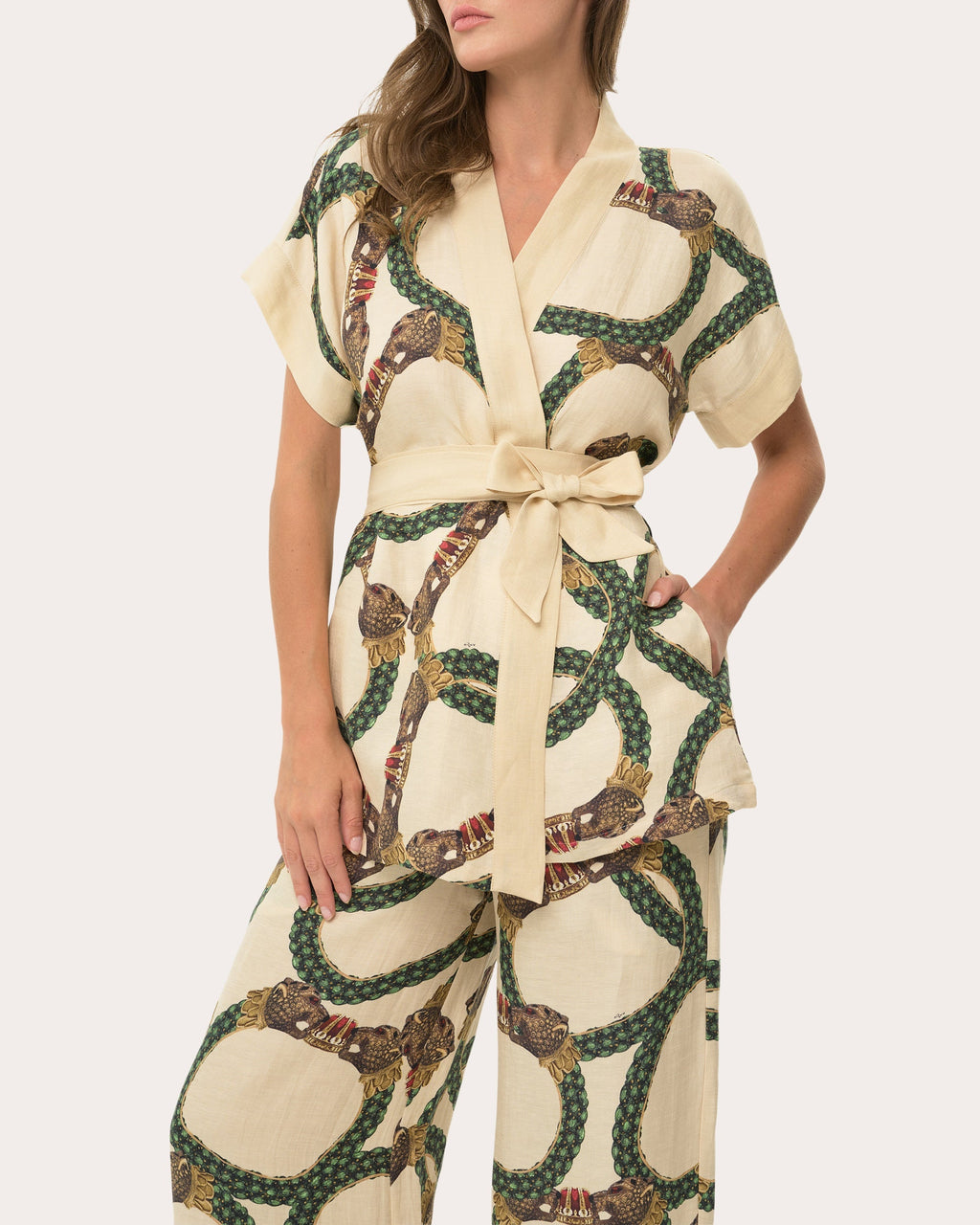 Belted Printed Linen Blend Wrap Top