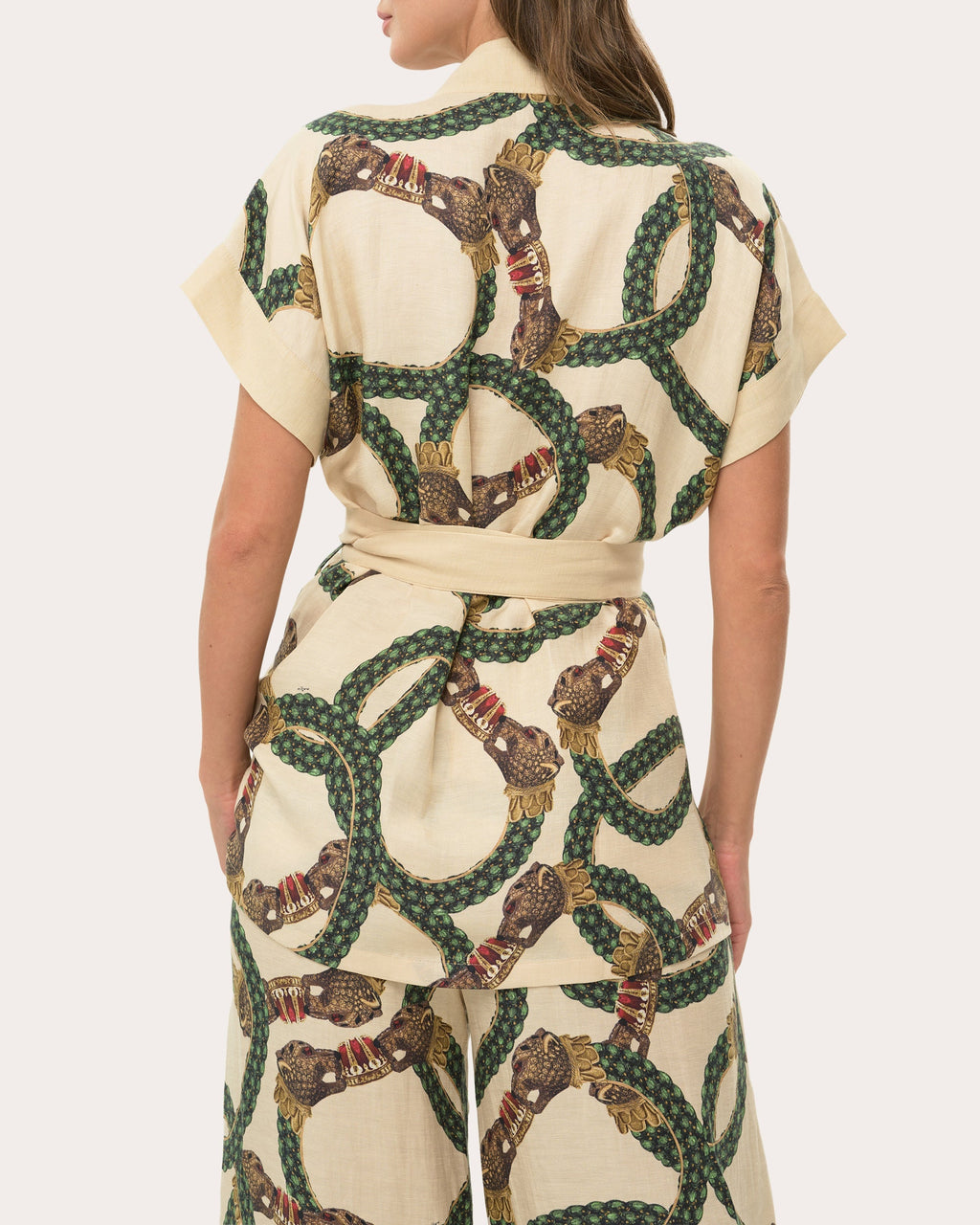 Belted Printed Linen Blend Wrap Top