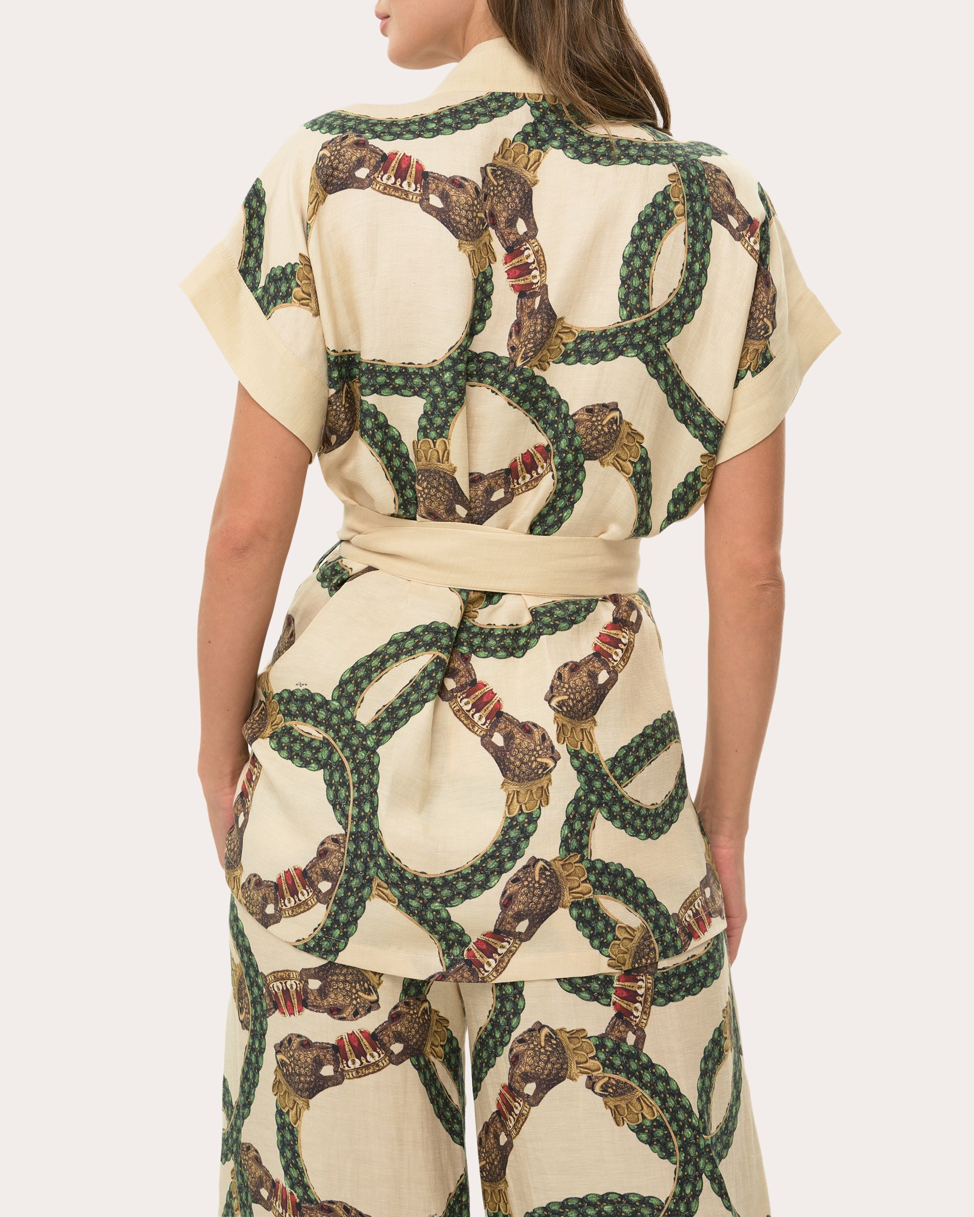 Belted Printed Linen Blend Wrap Top