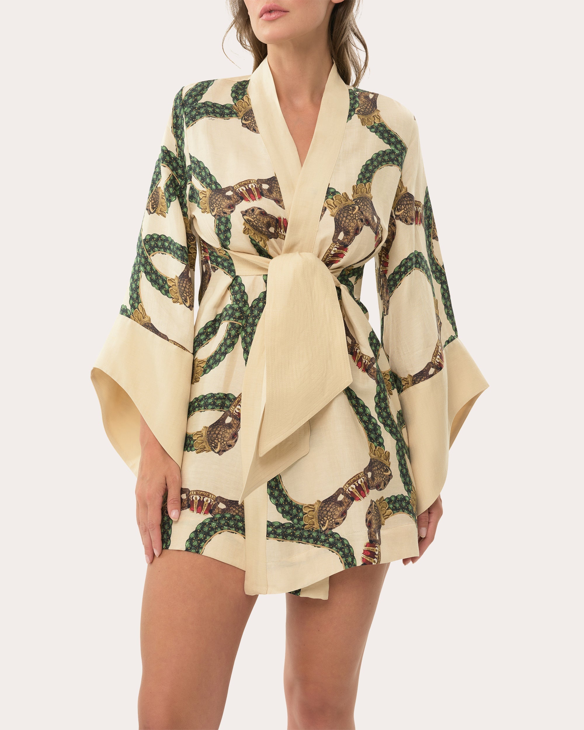 Amara Printed Linen Blend Mini Kimono Robe